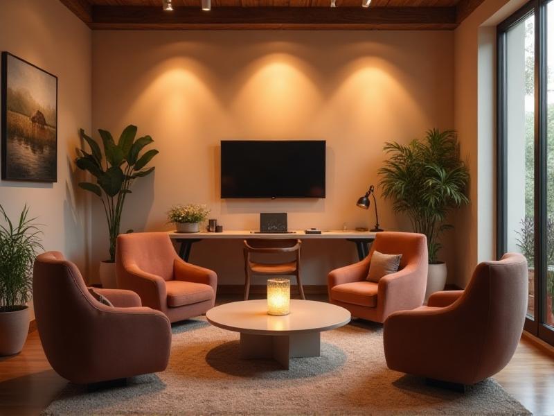 A cozy meeting area with comfortable chairs arranged in a semi-circle, a small coffee table, and a candle centerpiece. The room is decorated with warm, inviting colors and soft lighting, creating an ideal setting for networking and collaboration.