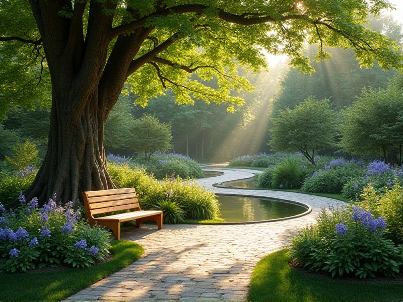 A beautifully landscaped garden with curved pathways, a small pond surrounded by flowering plants, and a wooden bench under a tall tree. The scene is bathed in soft morning light, creating a tranquil and balanced outdoor space.