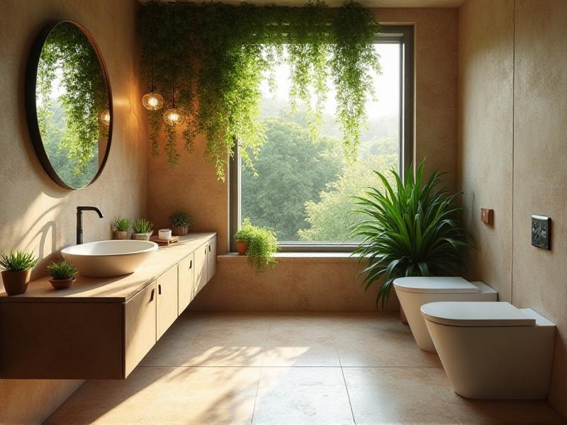 A clean, well-ventilated bathroom with natural stone tiles, a strategically placed mirror, and a few lush green plants. The space feels balanced and serene, with a sense of renewal and harmony.