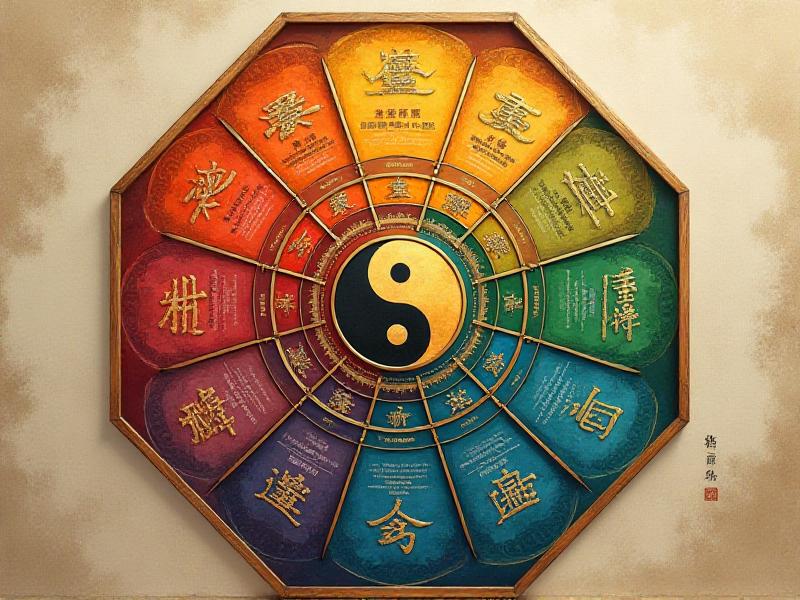 A detailed illustration of the Bagua Map, showcasing its octagonal shape with nine distinct sections, each labeled with a life area such as wealth, health, and relationships. The map is vibrant, with colors representing the five elements of Feng Shui: wood, fire, earth, metal, and water. The center, or Tai Chi, is highlighted in gold, symbolizing harmony and balance.