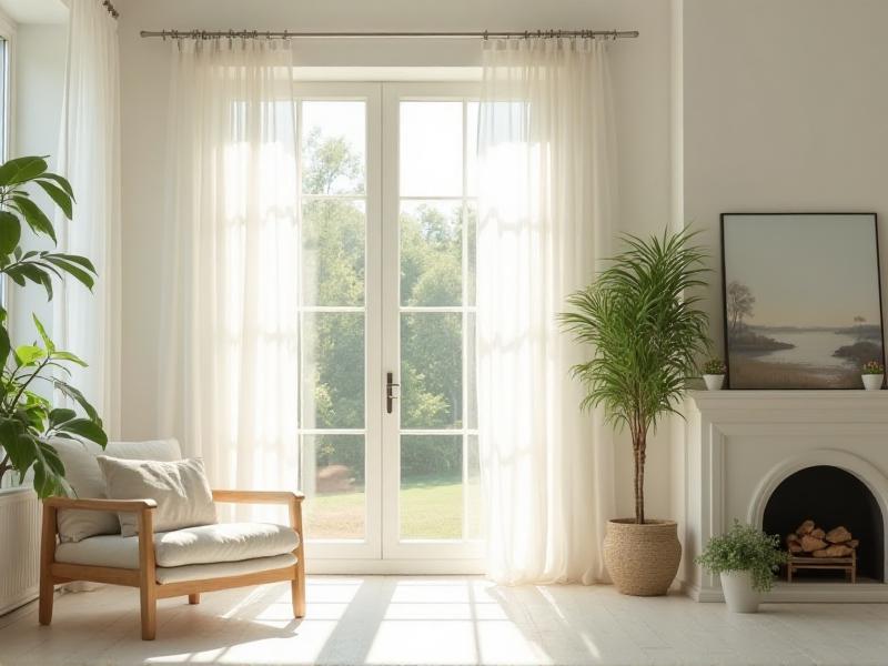 A bright and airy room with large windows that let in abundant natural light. The room features light-colored walls, sheer curtains, and a few potted plants, creating a fresh and invigorating atmosphere. The open windows allow a gentle breeze to flow through, enhancing the sense of vitality and connection to nature.