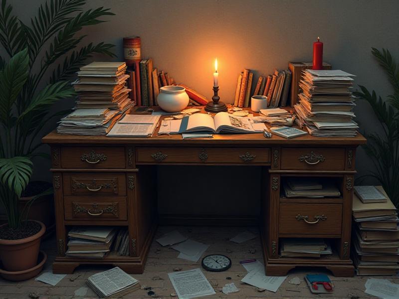 A cluttered desk in a home office, piled high with papers, books, and miscellaneous items. The chaos of the scene contrasts sharply with a small, clear corner where a single candle burns, symbolizing the potential for clarity and focus. The lighting is dim, casting shadows that emphasize the disorder, while the candle's warm glow hints at the possibility of transformation.