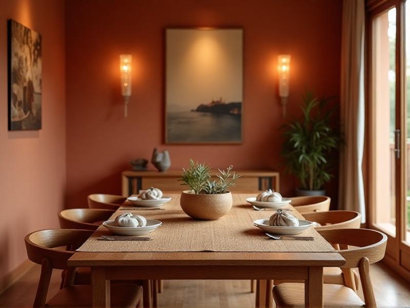 A cozy dining room with walls painted in soft terracotta tones, complemented by a wooden dining table and chairs. A woven bamboo placemat and linen napkins add texture and warmth to the table setting. The room is illuminated by soft, diffused lighting, creating a tranquil and harmonious ambiance.