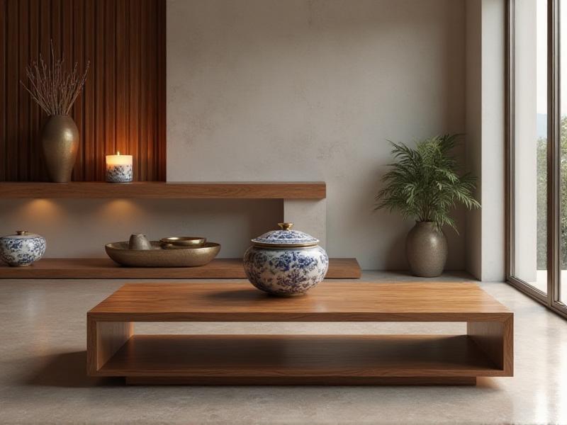 A beautifully balanced room featuring a wooden coffee table, a metal sculpture, a ceramic vase, a candle, and a small indoor water fountain. The arrangement showcases the harmonious integration of the five Feng Shui elements.