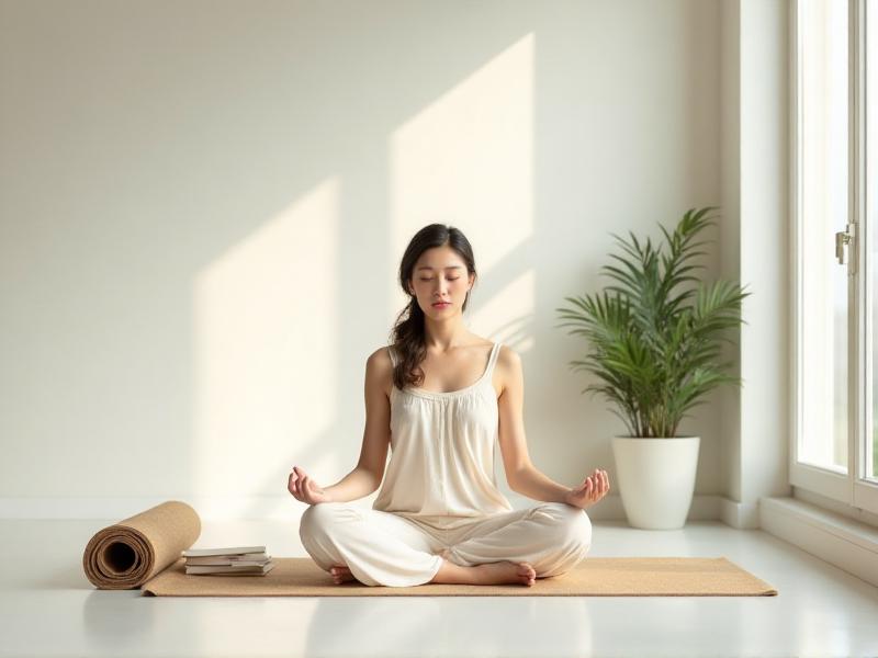 A person sitting cross-legged on a clean, minimalist floor, surrounded by a few carefully chosen items like a yoga mat, a small stack of books, and a potted plant. The room is bathed in soft, natural light, creating a peaceful and meditative atmosphere. The person appears relaxed and focused, embodying the mental clarity and emotional balance that comes from a decluttered space.