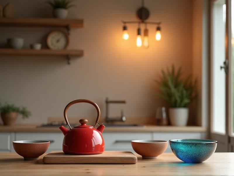 A kitchen showcasing the five Feng Shui elements: wooden cutting boards (Wood), a red kettle (Fire), ceramic bowls (Earth), stainless steel utensils (Metal), and a blue glass vase (Water). The arrangement is balanced and harmonious, creating a sense of peace and abundance.