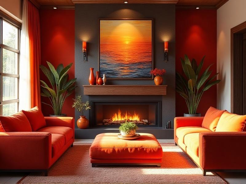 A vibrant living room designed for summer, featuring bold red and orange accents, a fireplace, and a vision board filled with goals and aspirations. The space feels energized and alive, perfectly embodying the principles of Feng Shui for enhancing the fire element during the summer months.