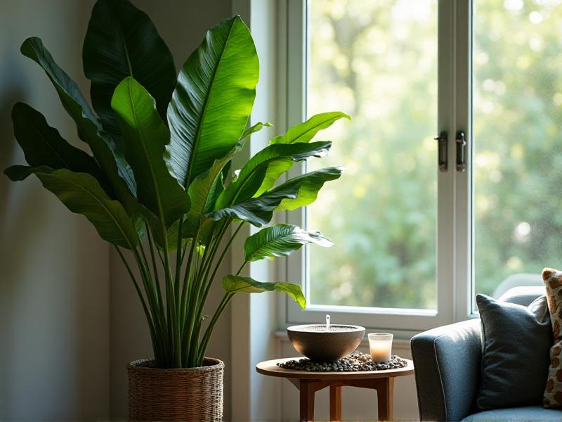 A cozy corner of a living room featuring a lush green plant with rounded leaves and a small tabletop fountain. The plant is placed near a window, allowing it to thrive in natural light, while the fountain creates a gentle, soothing sound. The combination of greenery and water brings a sense of balance and tranquility to the space.