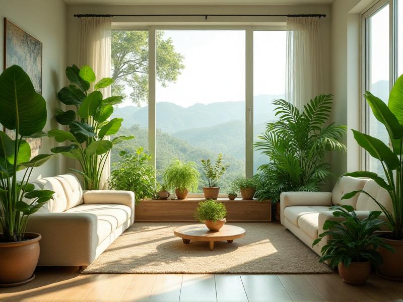 A bright, airy living room with large windows allowing natural light to flood the space. Several lush green plants with rounded leaves are placed throughout the room, improving air quality and adding vitality. The overall atmosphere is fresh and energizing, promoting physical health and well-being.