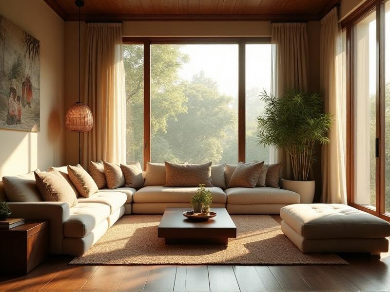 A serene living room designed with Feng Shui principles, featuring a balanced arrangement of furniture, soft natural lighting, and earthy tones. A large window allows sunlight to flood the space, enhancing the flow of positive energy.