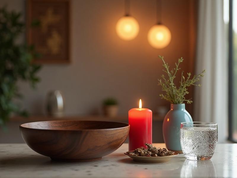 A beautifully arranged table showcasing the five Feng Shui elements: a wooden bowl, a red candle, a ceramic vase, a metal sculpture, and a glass of water. The setting is illuminated by soft, warm light, creating a balanced and inviting atmosphere.