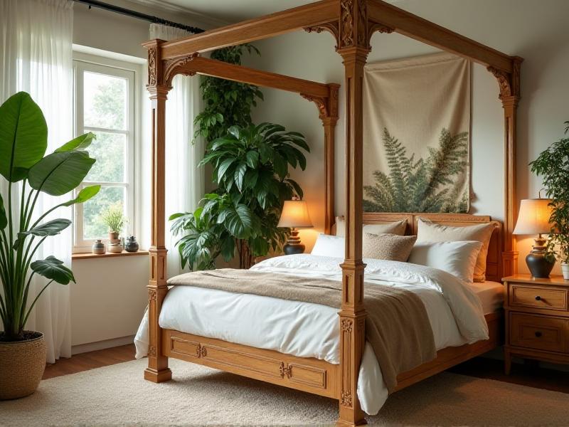 A bedroom with lush green plants, wooden furniture, and cotton bedding, illustrating the incorporation of natural elements in Feng Shui for a balanced and harmonious space.