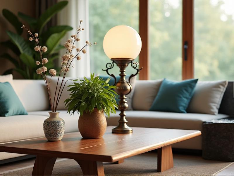 A balanced living room with a wooden coffee table, a metal lamp, a potted plant, a ceramic vase, and a small water feature, representing the five elements of Feng Shui in harmony.