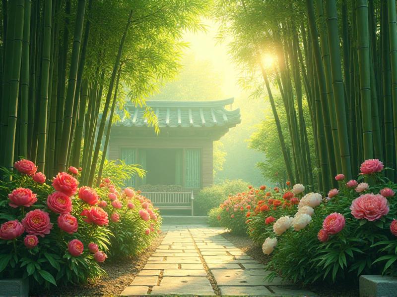 A lush garden filled with a variety of plants, including tall bamboo stalks, vibrant peonies, and soft, rounded shrubs. The plants are arranged in clusters of three and five, creating a sense of harmony and balance. Sunlight filters through the leaves, casting a warm glow over the scene.