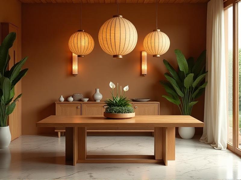 A dining room featuring a wooden table adorned with a small potted peace lily and a tabletop fountain placed on a nearby sideboard. The natural elements add a sense of tranquility and balance to the space, while soft lighting and earthy tones create a warm and inviting atmosphere.