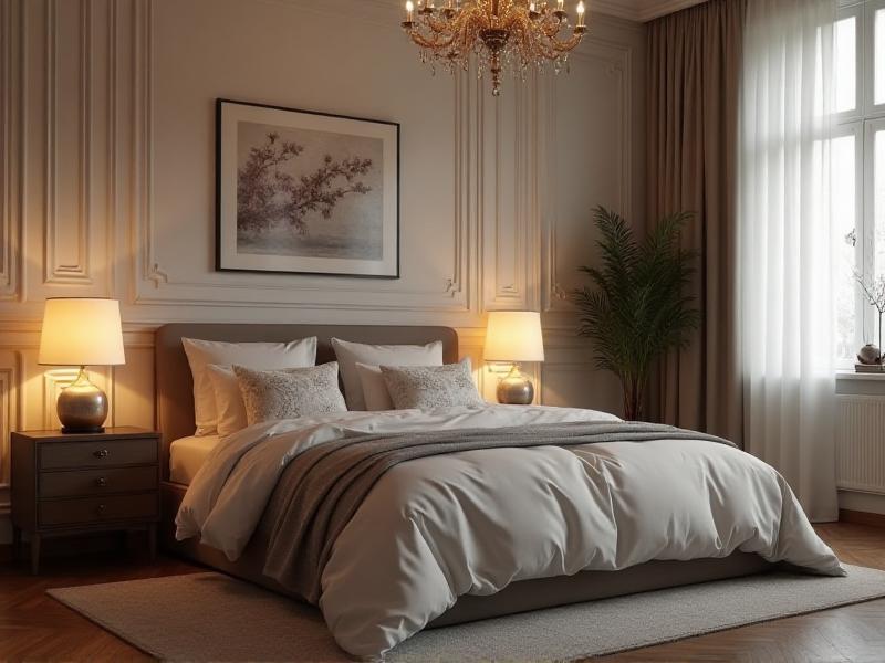 A tranquil bedroom with soft, warm lighting from a bedside lamp and a small chandelier. The room is decorated with neutral tones and plush bedding, creating a peaceful and restful environment.