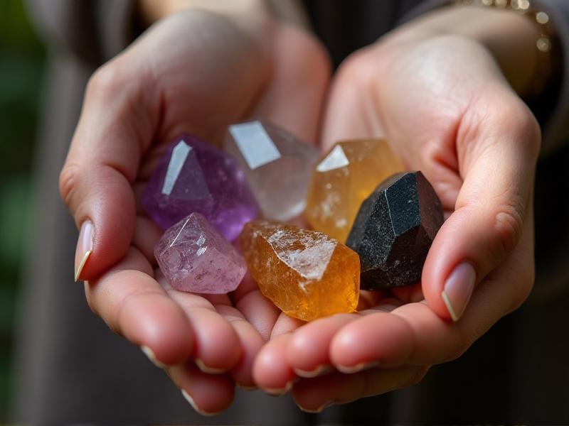 A close-up of a hand holding a variety of crystals, including amethyst, rose quartz, citrine, and black tourmaline. The crystals are arranged on a soft velvet cloth, with natural light highlighting their unique colors and textures. The image emphasizes the importance of choosing the right crystals for specific Feng Shui intentions.