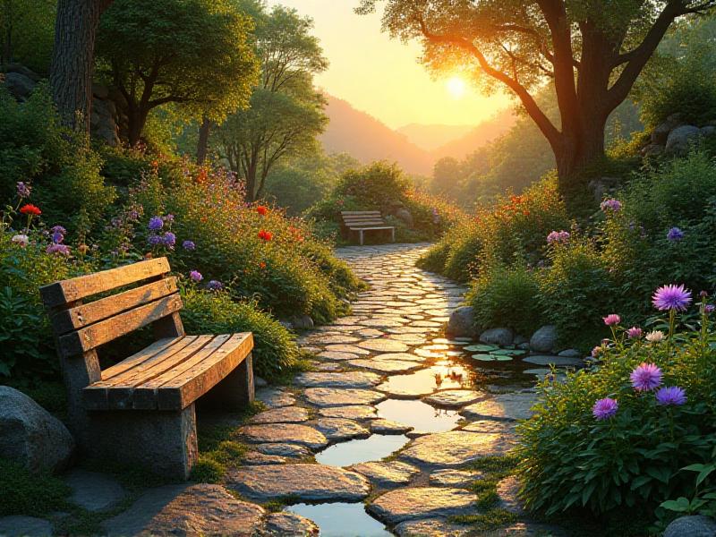 A lush, well-maintained garden with a winding stone pathway, vibrant flowers, a small pond with lily pads, and a wooden bench surrounded by greenery, all bathed in the golden light of a setting sun.