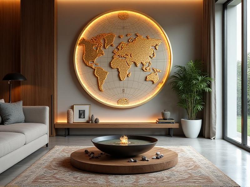 A traditional Bagua map overlaid on a modern living room, with a small indoor water feature placed in the wealth corner. The water feature is surrounded by crystals and coins, enhancing its symbolic connection to prosperity and abundance.