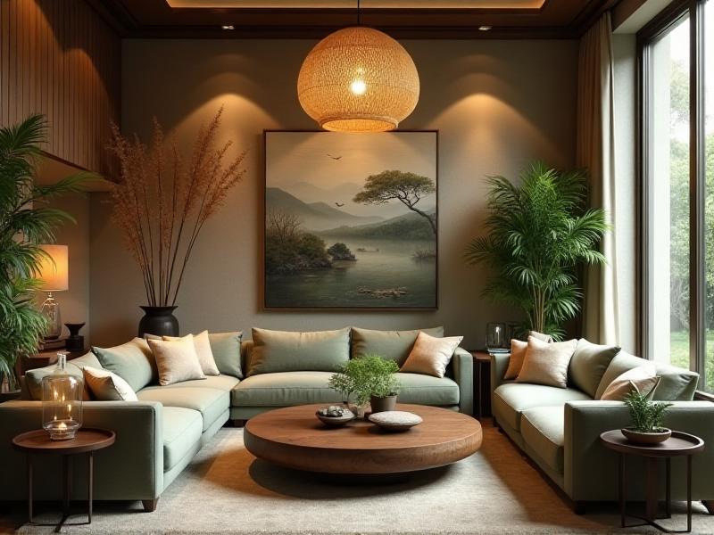 A cozy living room designed with Feng Shui principles, featuring a circular coffee table, comfortable seating arranged in a conversational layout, and soft, warm lighting. The room is decorated with plants and natural materials, creating a harmonious and inviting atmosphere.