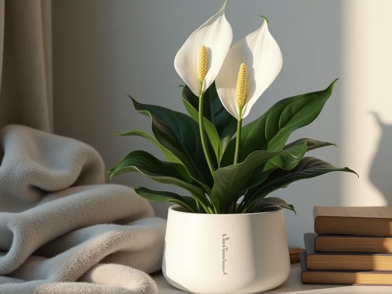 A Peace Lily with elegant white blooms and dark green leaves, placed in a minimalist white pot. The plant is positioned near a cozy reading nook with a soft throw blanket and a stack of books, evoking a sense of calm and relaxation.