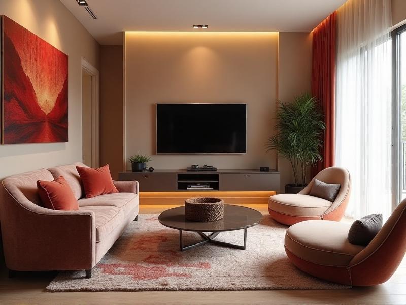 A serene living space designed with a balance of Yin and Yang energies, featuring soft, soothing colors paired with bold, vibrant accents. The room includes a mix of plush, comfortable furniture and sleek, modern decor, creating a harmonious and dynamic environment.