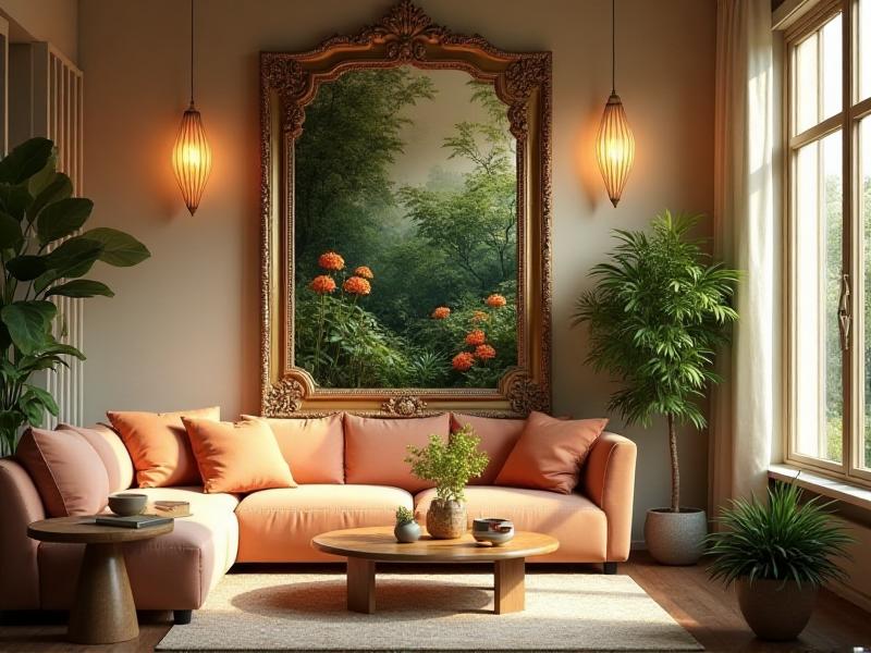 A bright, airy living room with a large, ornate mirror reflecting a beautiful outdoor garden. The mirror amplifies the natural light and creates a sense of spaciousness, embodying the principles of Feng Shui. The room feels balanced, harmonious, and filled with positive energy.