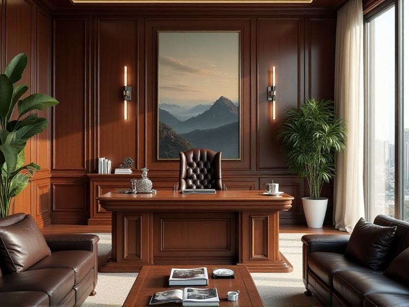 A professional executive office with a large wooden desk, a high-backed leather chair, and a mirror positioned behind the desk. The room features motivational artwork and a seating area for meetings, creating an atmosphere of authority and collaboration.