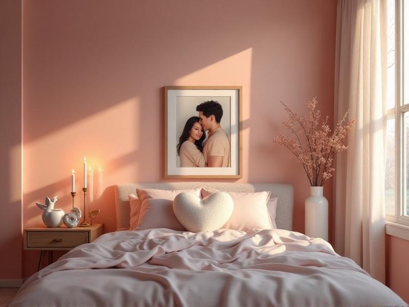 A cozy bedroom setting with soft pink and peach tones, featuring a pair of candles on a nightstand, a heart-shaped pillow on the bed, and a framed photo of a couple. The room exudes warmth and intimacy, perfectly embodying the energy of love and relationships in Feng Shui.