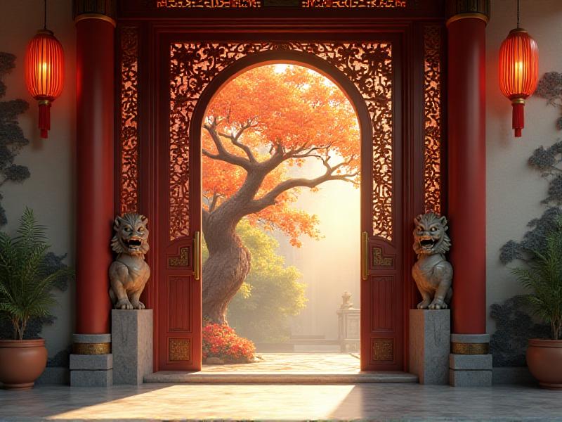 A front door adorned with Feng Shui symbols, including a pair of Fu dogs, a wind chime, and a vibrant painting of a blooming tree, radiating positive energy and protection.