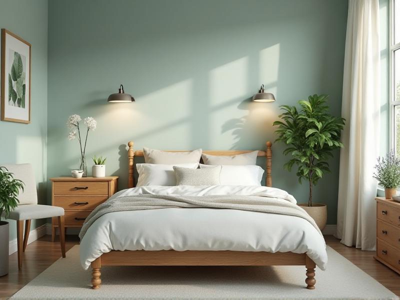 A tranquil bedroom painted in soft shades of blue and green, with a wooden bed frame and matching furniture. The bedding is made of natural linen in neutral tones, and a large window allows natural light to filter through sheer curtains. A few potted plants are placed around the room, adding a touch of greenery and enhancing the connection to nature. The overall atmosphere is calm and soothing, perfect for promoting restful sleep.