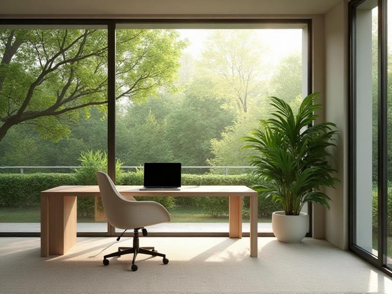 A serene home office with a large window overlooking a lush green garden, natural light streaming in, and a minimalist desk setup with a laptop and a potted plant.