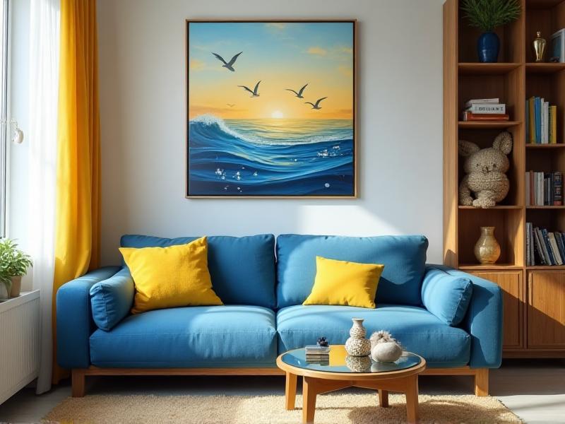 A vibrant living room with a mix of calming blue and energizing yellow accents. The space features a plush blue sofa, a yellow throw pillow, and artwork with both colors, creating a balanced and harmonious atmosphere.