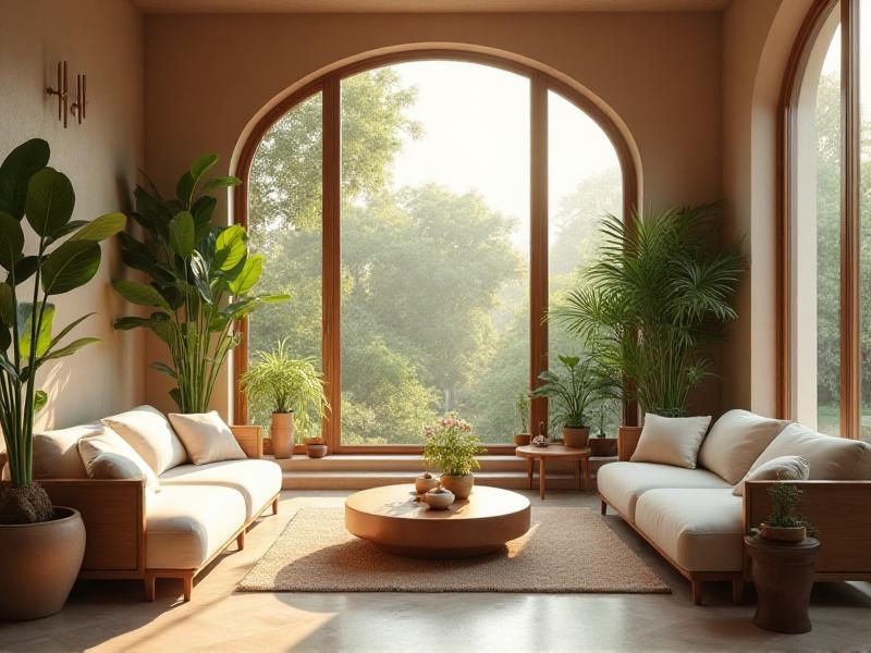 A serene room designed with Feng Shui principles to promote health and well-being, featuring a comfortable seating area, natural light, and indoor plants. The room is decorated with soothing colors and minimalistic decor, creating a peaceful atmosphere that supports physical and mental balance.