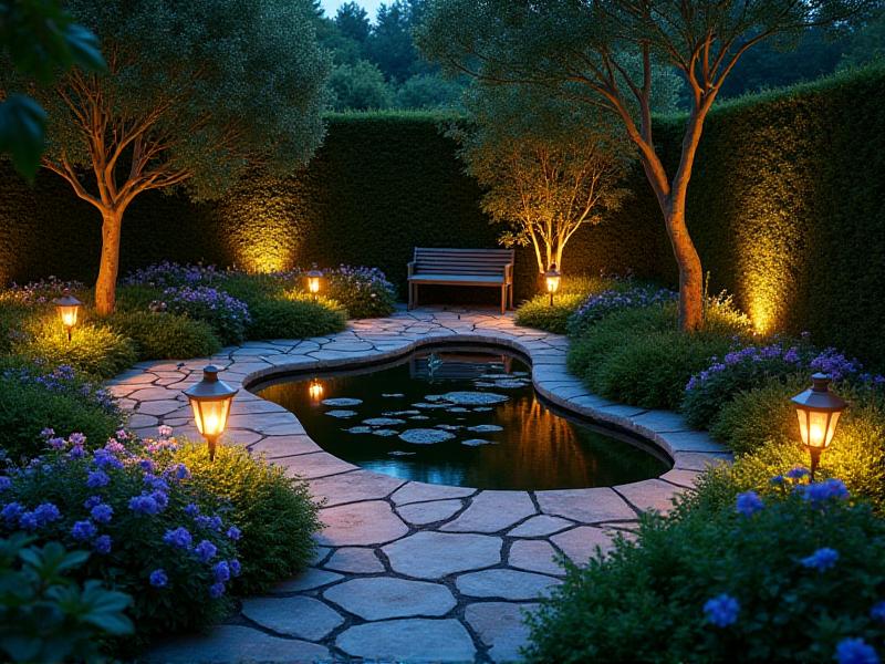 A beautifully lit garden with soft, warm lights illuminating a stone pathway and a small pond. The lights highlight the natural beauty of the plants and water, creating a serene and inviting outdoor space.