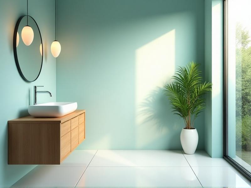 A bathroom with soft blue walls, white tiles, and a wooden vanity. The space feels light and airy, with a hint of color that adds warmth without overwhelming the senses.