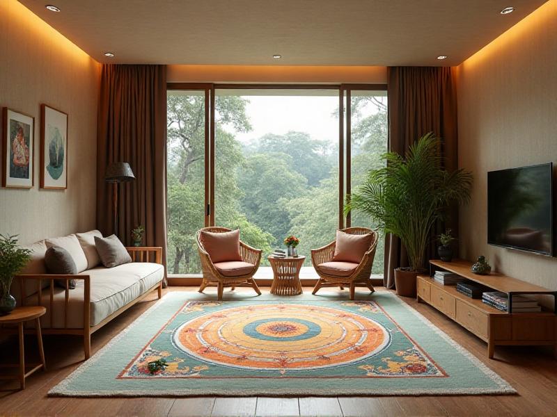 A modern living room with a Bagua Map overlaid on the floor plan. The map is aligned with the main entrance, and each section is marked with a different color. The room features a mix of natural materials, soft lighting, and carefully placed decor to enhance the energy flow.