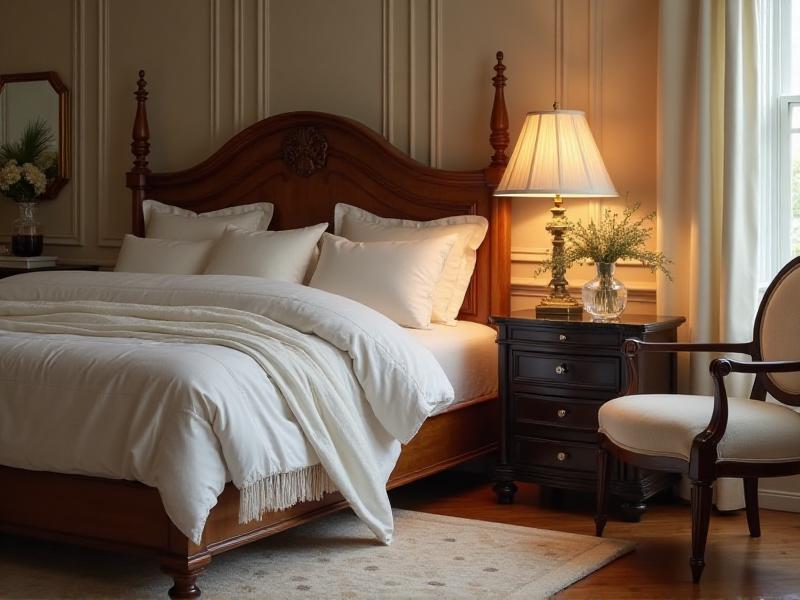 A cozy bedroom with soft, warm lighting from a bedside lamp. The room features a wooden bed frame, crisp white linens, and a plush rug. A small crystal sits on the nightstand, adding a touch of Earth element to the space. The overall atmosphere is calm and inviting, perfect for restful sleep.