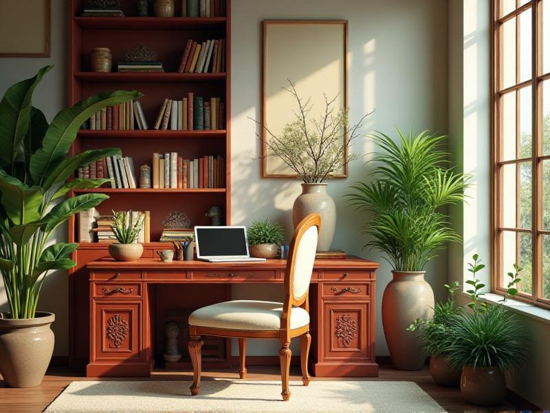 A serene study room with a wooden desk, a comfortable chair, and a large window letting in natural light. The room is decorated with green plants, a small water fountain, and a bookshelf neatly organized with books and decorative items. The overall atmosphere is calm and inviting, promoting focus and creativity.