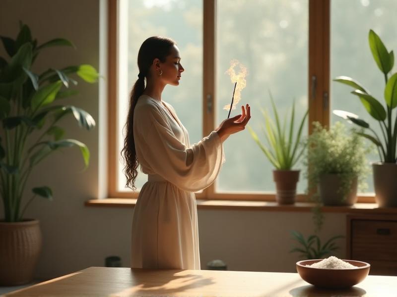 A person holding a burning sage stick, walking around a clean and organized office space. A small bowl of salt sits on a wooden table, and the windows are open, allowing fresh air to flow into the room. The atmosphere is calm and rejuvenating, with soft natural light illuminating the space.