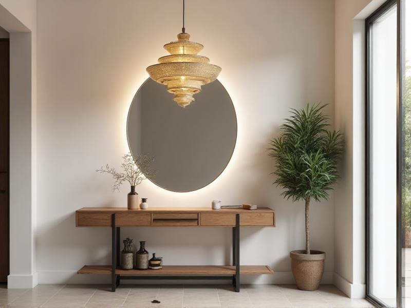 A modern entryway with a sleek pendant light hanging above a wooden console table. The walls are painted in a soft white, and a large mirror reflects the light, making the space feel bright and open. A small potted plant sits on the table, adding a touch of nature. The overall mood is warm and inviting, with a focus on simplicity and balance.