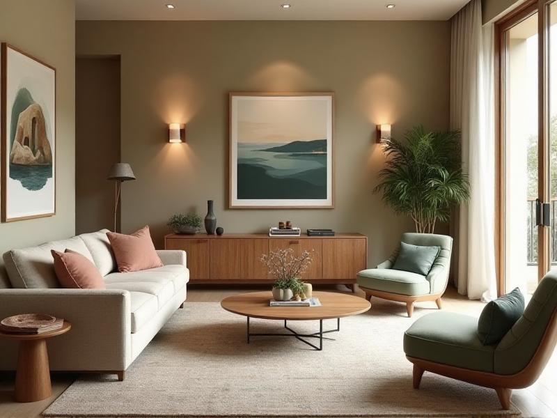 A family room designed with Feng Shui principles, featuring comfortable seating, a large rug, and a mix of colors that promote calm and connection. The room is decorated with family photos and personal items, creating a warm and welcoming atmosphere.