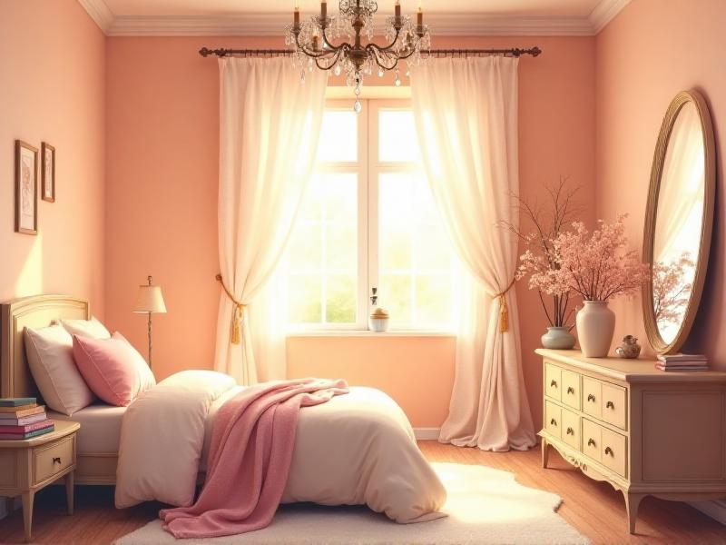 A bedroom with walls painted in a soft peach hue, complemented by cream-colored bedding and a few pink throw pillows. The room is bathed in warm, golden light from a chandelier, creating a cozy and romantic setting. A vase of fresh flowers sits on the dresser, adding a touch of elegance.