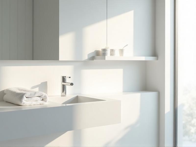 A minimalist bathroom with a clean white countertop, a single soap dispenser, and a neatly folded towel. The space is free of clutter, with a clear mirror reflecting natural light, creating a sense of openness and tranquility.