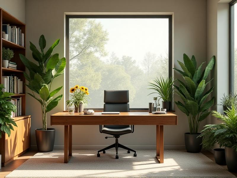 A clean, organized home office with a wooden desk in the command position, a comfortable chair, and a few green plants. The space feels focused and productive, with a sense of creativity and growth.