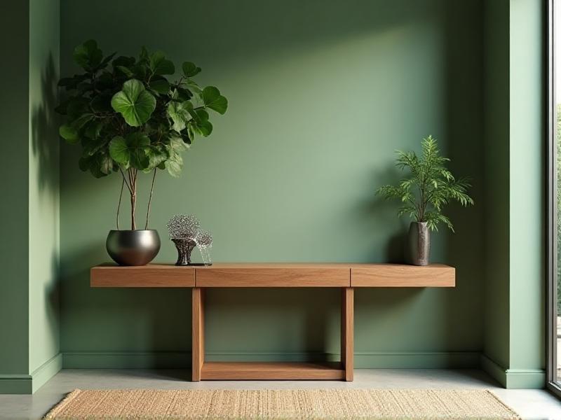 A serene entryway with a wooden console table, a potted plant with rounded leaves, and a small tabletop fountain. The walls are painted in a soft green, and the floor is covered with a natural fiber rug. A metal sculpture sits on the table, adding a touch of elegance. The overall mood is calm and balanced, with a focus on natural elements and harmony.