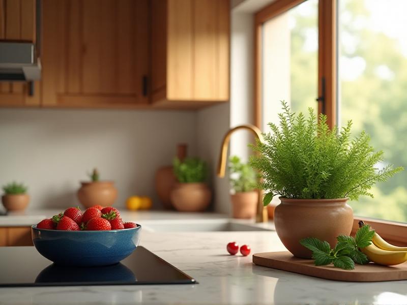 A clean and organized kitchen with a modern stove, wooden cabinets, a bowl of fresh fruit, and a pot of herbs on the windowsill, symbolizing nourishment and abundance.