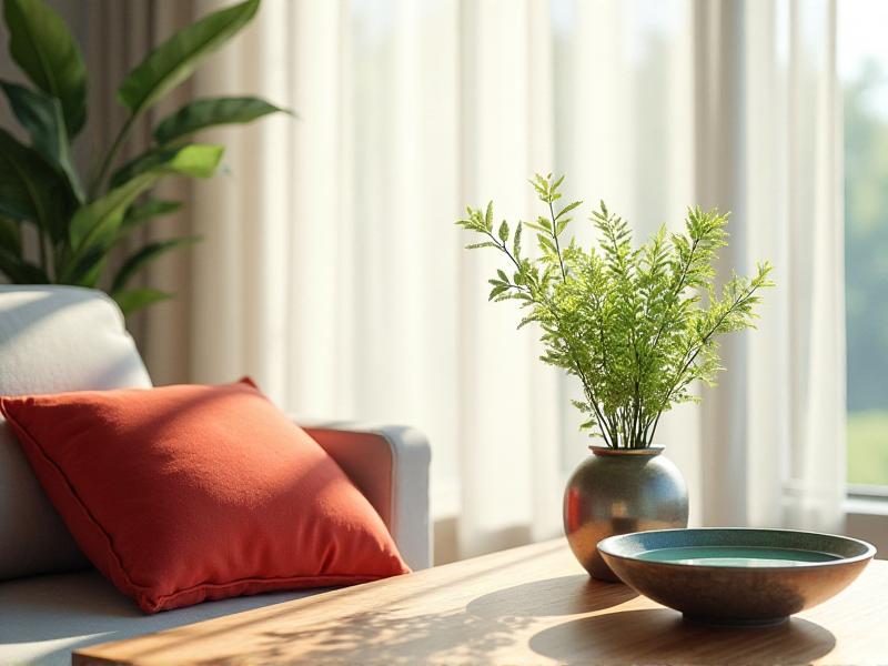 A cozy living room showcasing the five Feng Shui elements: a wooden coffee table, a red throw pillow representing fire, a ceramic vase symbolizing earth, a metal sculpture, and a glass bowl with water. The room is bathed in natural light, creating a harmonious and inviting space.