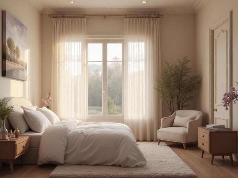 A tranquil bedroom with a neatly made bed positioned against a solid wall, facing the door but not directly in line with it. Soft, natural light filters through sheer curtains, creating a peaceful and balanced atmosphere.