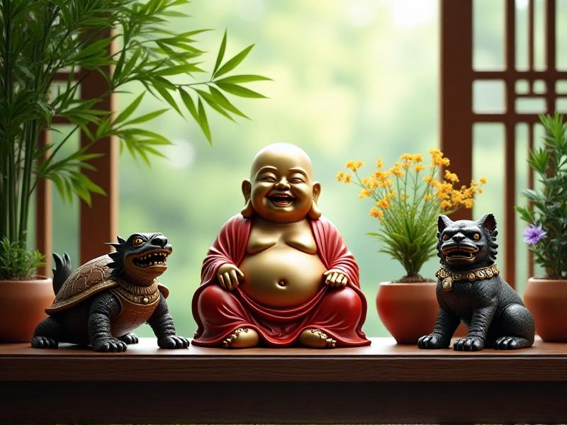 A collection of Feng Shui symbols, including a laughing Buddha statue, a dragon turtle figurine, and a pair of Fu dogs, arranged on a wooden shelf with a backdrop of soft, natural light and greenery.